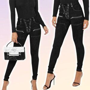 NWT MANIERE DE VOIR Vegan Suede Faux Leather Trim Lace Up Leggings Sz 4 Black